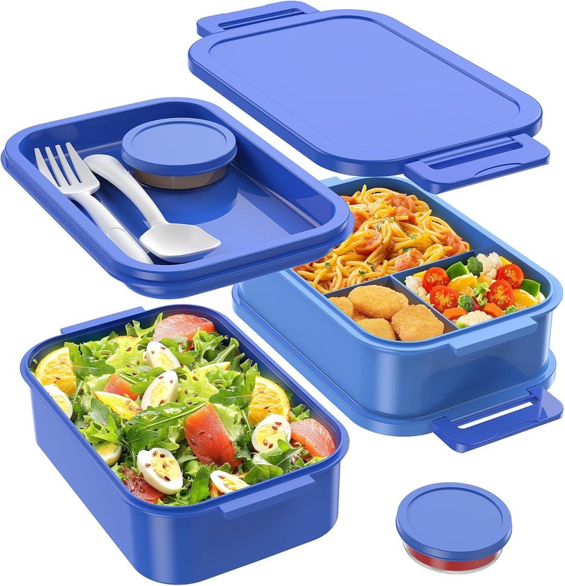 Jelife Adult Bento Lunch Box - 3 Layers Stackable Bento Lunch Box for Adults, 72oz Large All-in-One Bento Box Leak-Proof Lunch boxes with Utensil Sauce Containers, Ideal for Dining Out,Work, Blue - Image 1